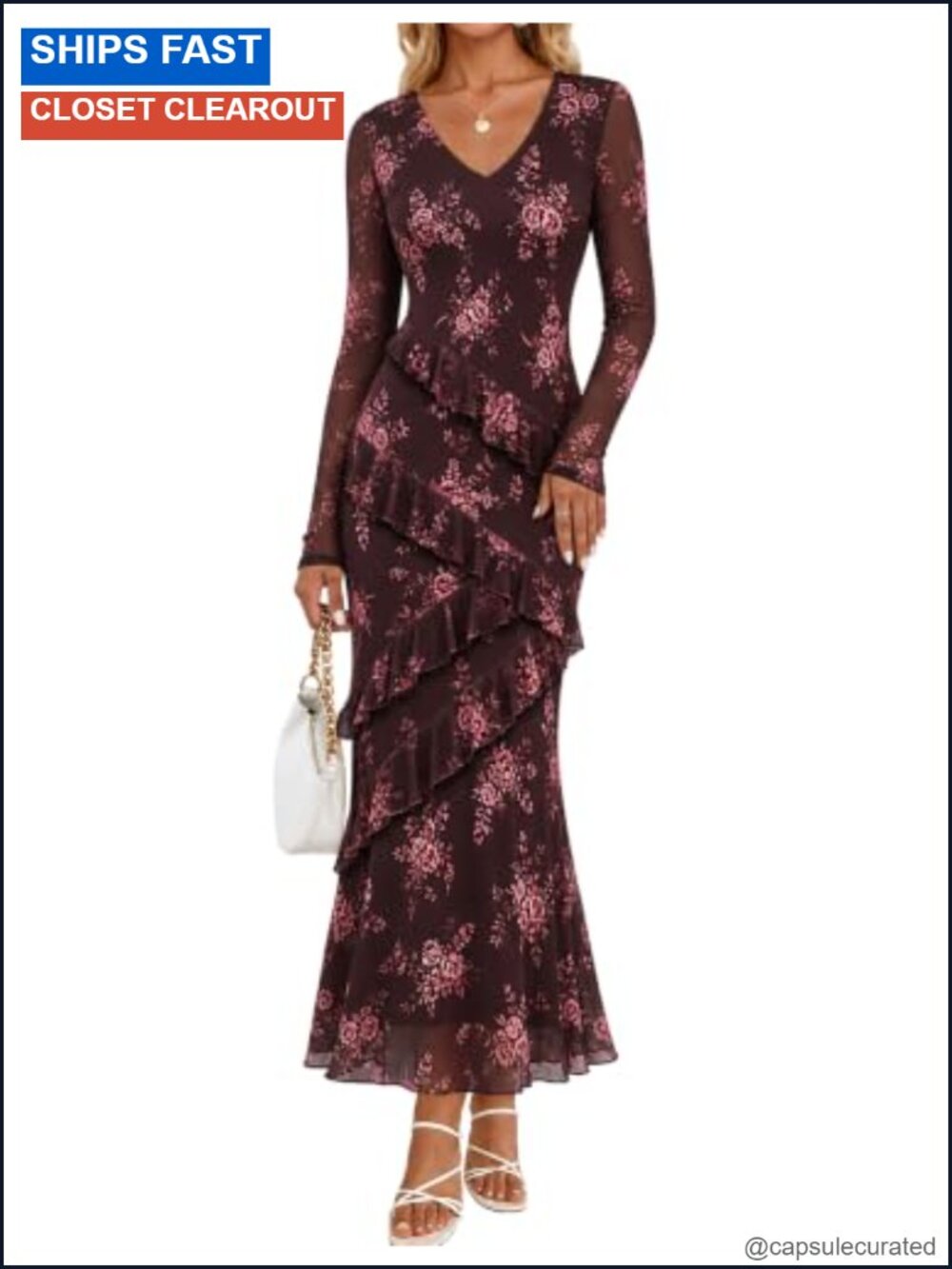 Women's Floral Long Sleeve Bodycon Maxi Dress V-Neck Ruffle